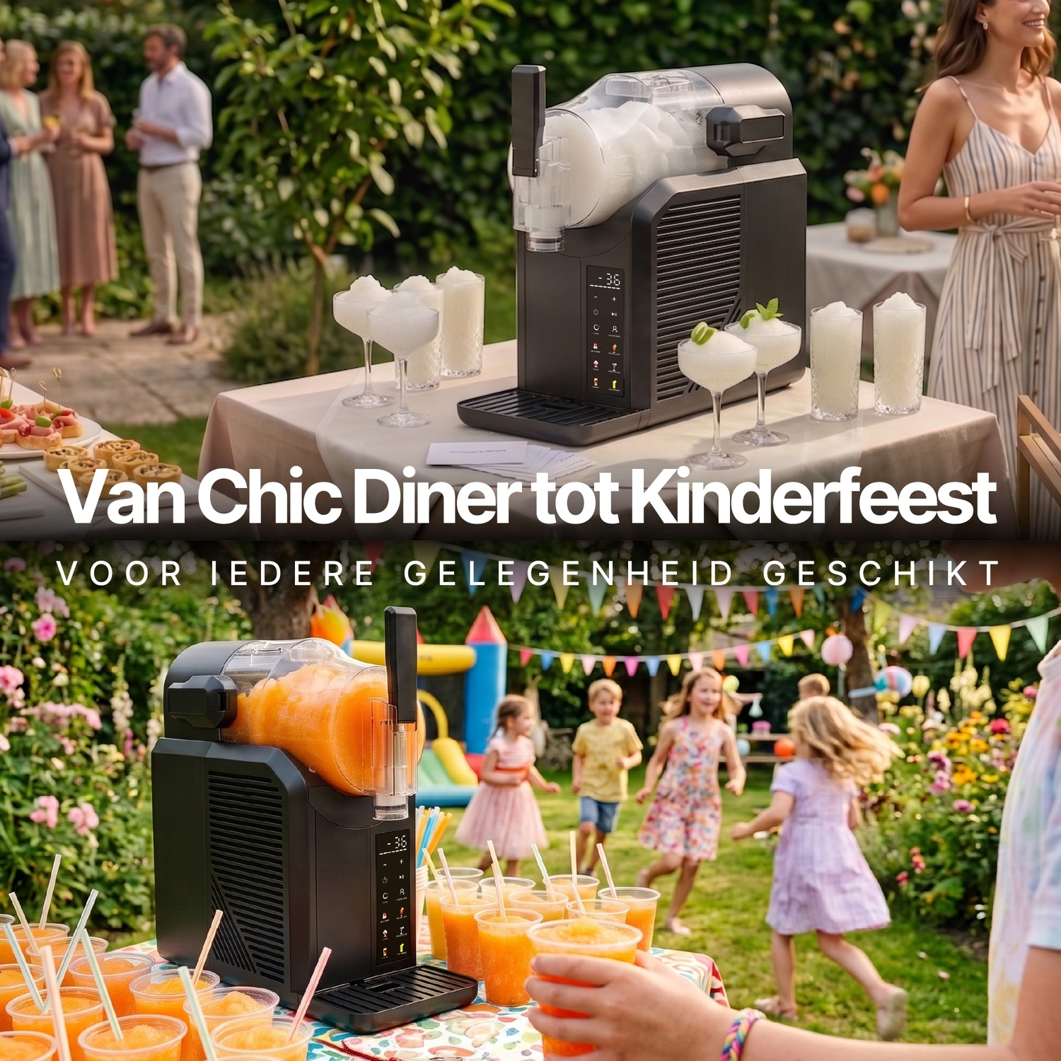 Slush-ijsmachine op een tafel op een tuinfeest met gasten op de achtergrond.