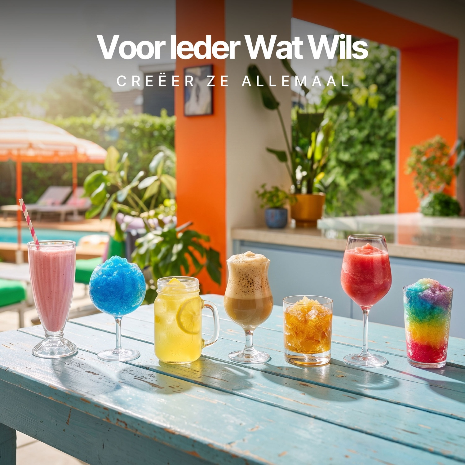 Zes kleurrijke zomerdrankjes op een houten buitentafel.