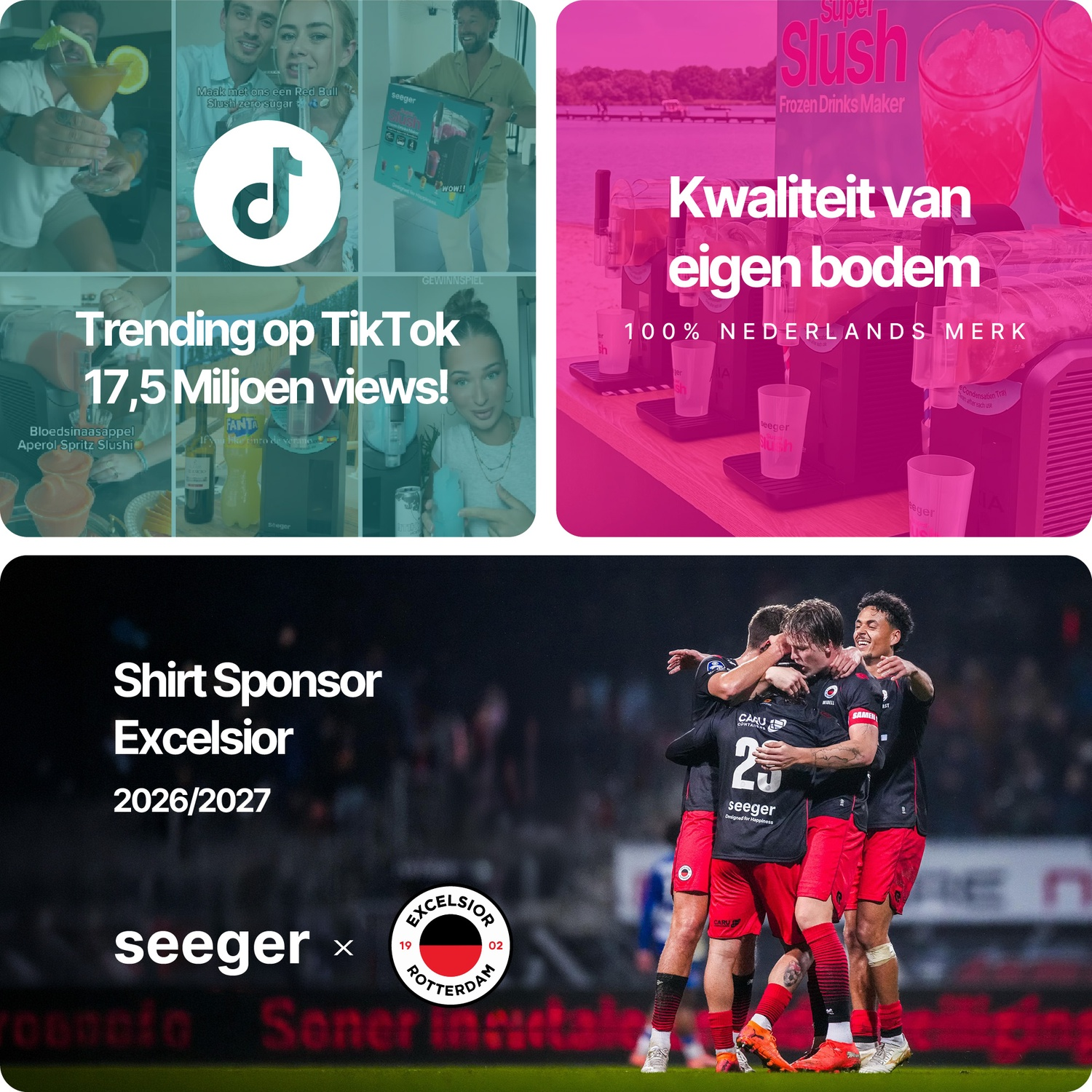 Collage van promotiebeelden voor een slushmachine, inclusief TikTok-video's en een voetbalcionsponsoraankondiging.