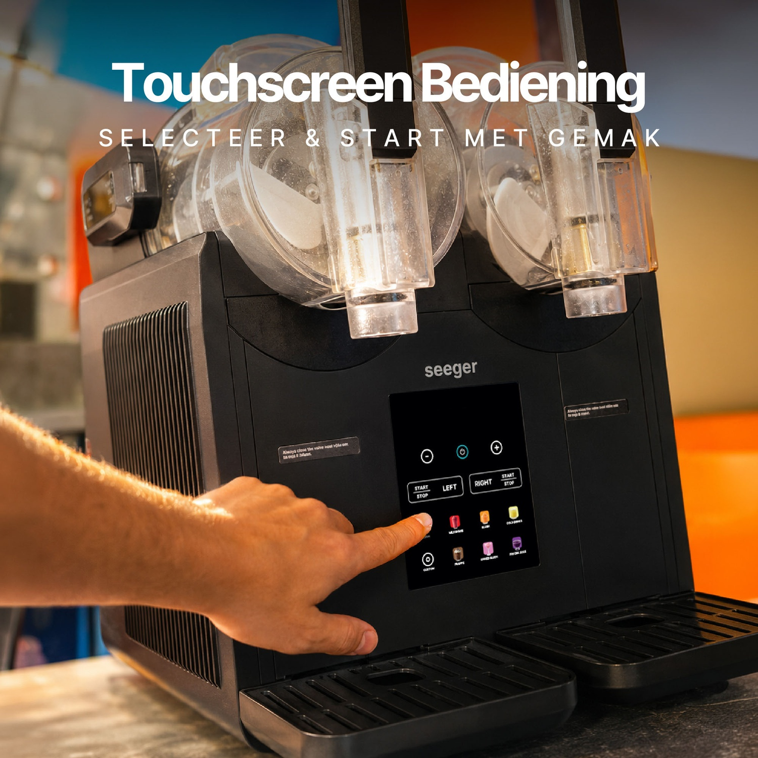 Een hand bedient het touchscreen van een zwarte seeger slushmachine.