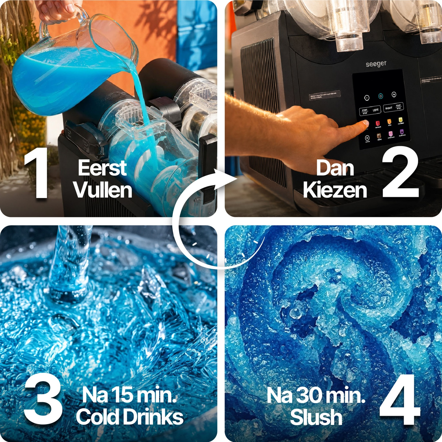 Vier stappen van een ijsmachine: vullen, kiezen, koelen in 15 min, slush in 30 min met blauwe drank.