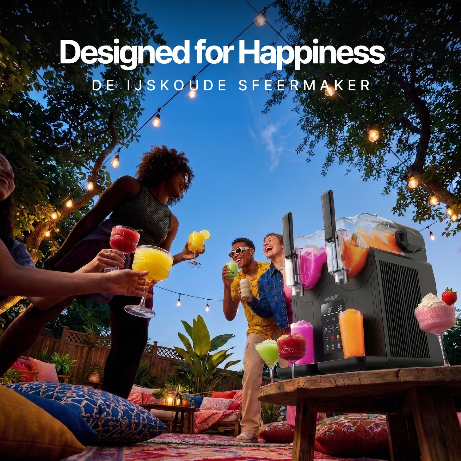 Vrienden vieren feest in een tuin 's nachts met drankjes en een grote slush-machine.