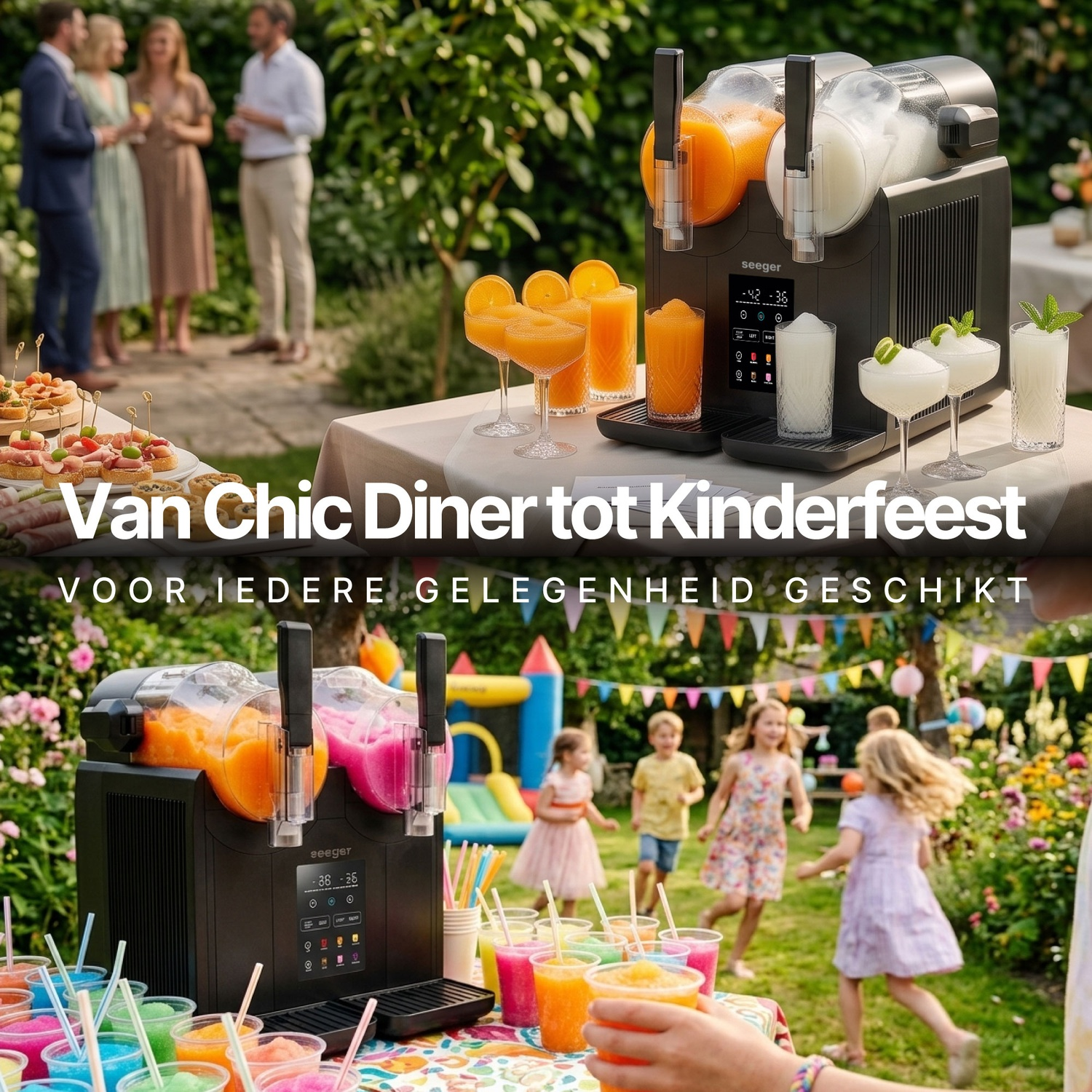 Buiten slush-machine op feesten met volwassenen en kinderen, met kleurrijke drankjes.