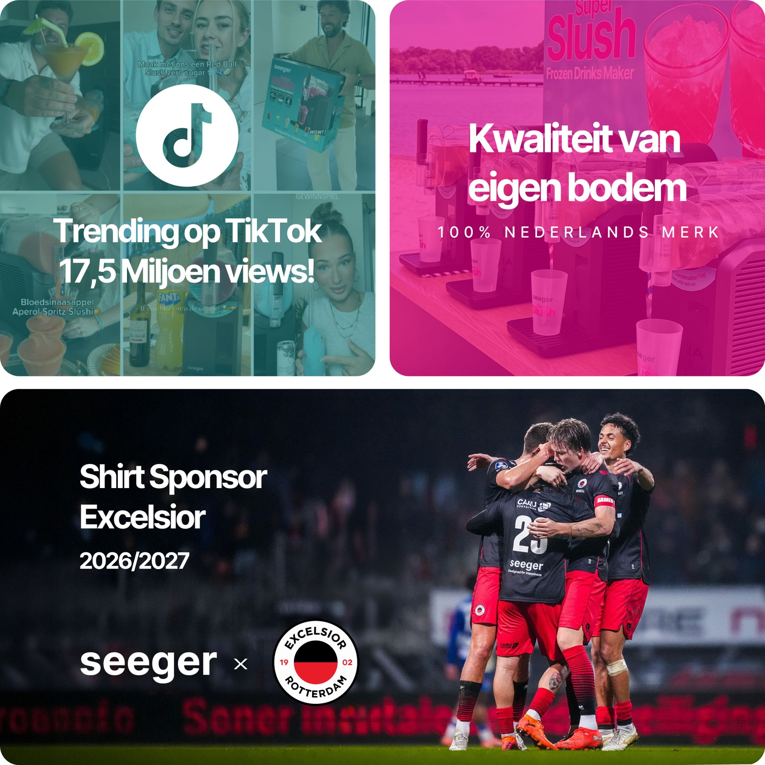 Een collage met een slush-machine, mensen die slush drinken en juichende Excelsior-voetballers.