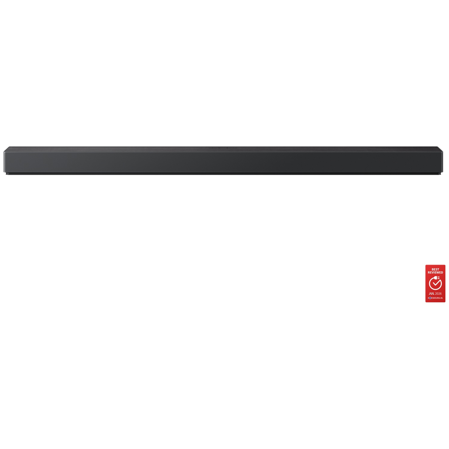 A long, black soundbar against a white background with a red 'Best Reviewed' badge.