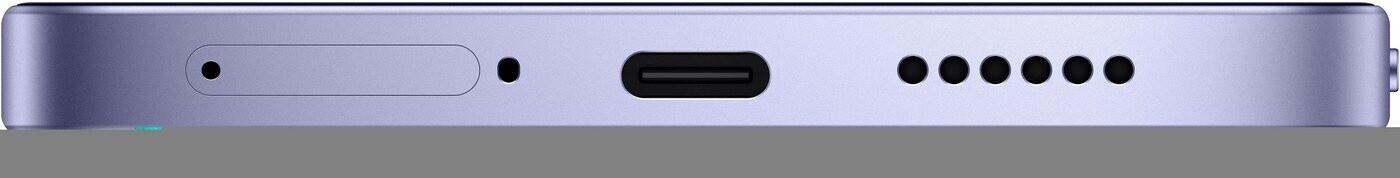 Levendula színű okostelefon alsó éle SIM-tálcával, USB-C porttal és hangszóróval.