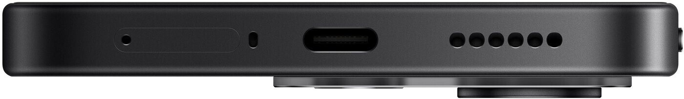 Egy fekete okostelefon alja USB-C porttal, mikrofonnal és hangszórórácsokkal.