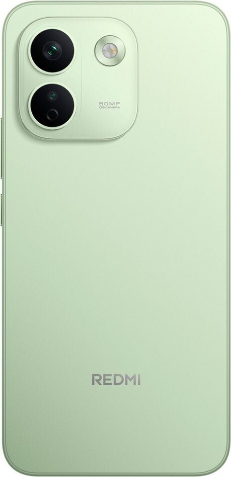 Világoszöld Redmi okostelefon hátoldala, bal felső sarokban két függőleges kamerával és alul Redmi logóval.