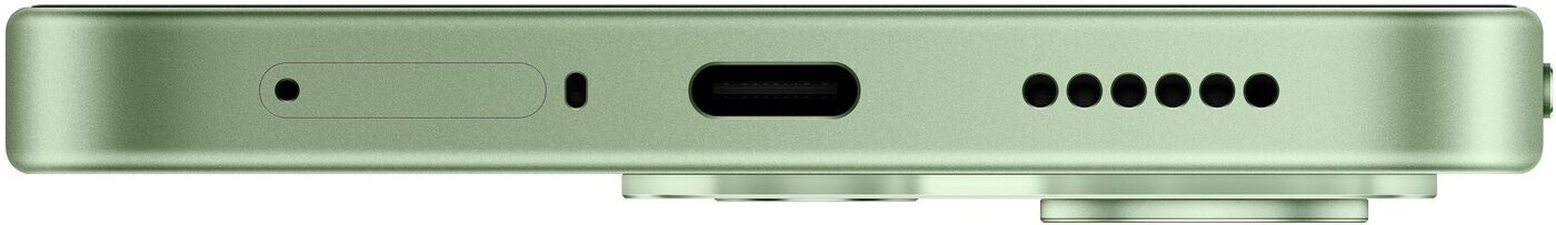 Zöld okostelefon alulnézete SIM-tálcával, USB-C porttal és hangszóróval.