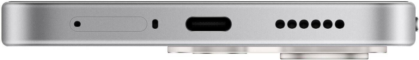 Egy okostelefon ezüst alja SIM-tálcát, USB-C portot és hangszórórácsokat mutat.
