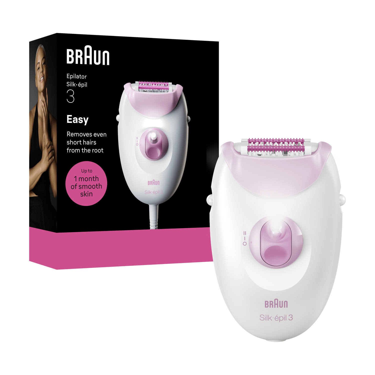 Un epilatore Braun Silk-épil 3 bianco e rosa con la scatola.