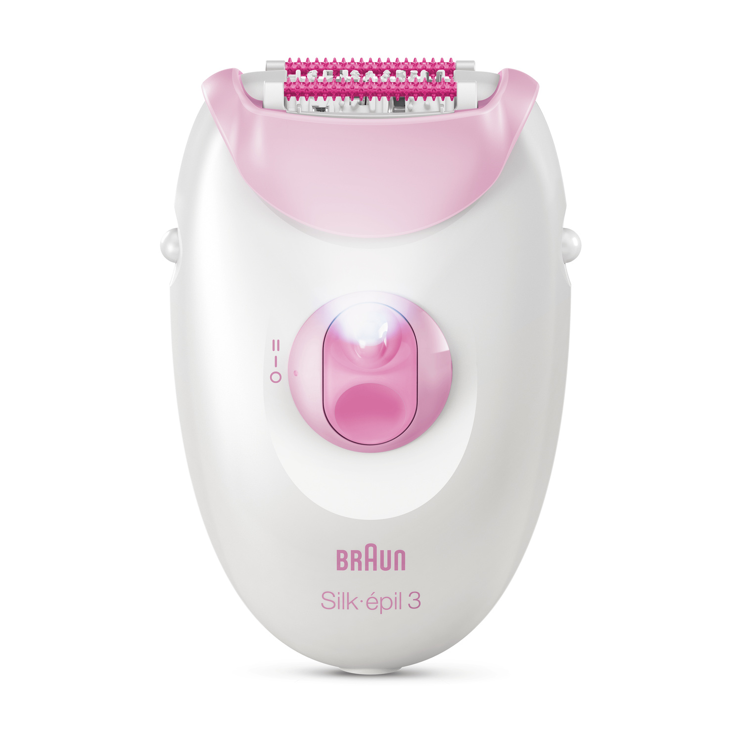 Un epilatore Braun Silk-épil 3 bianco e rosa con testina rosa su sfondo bianco.