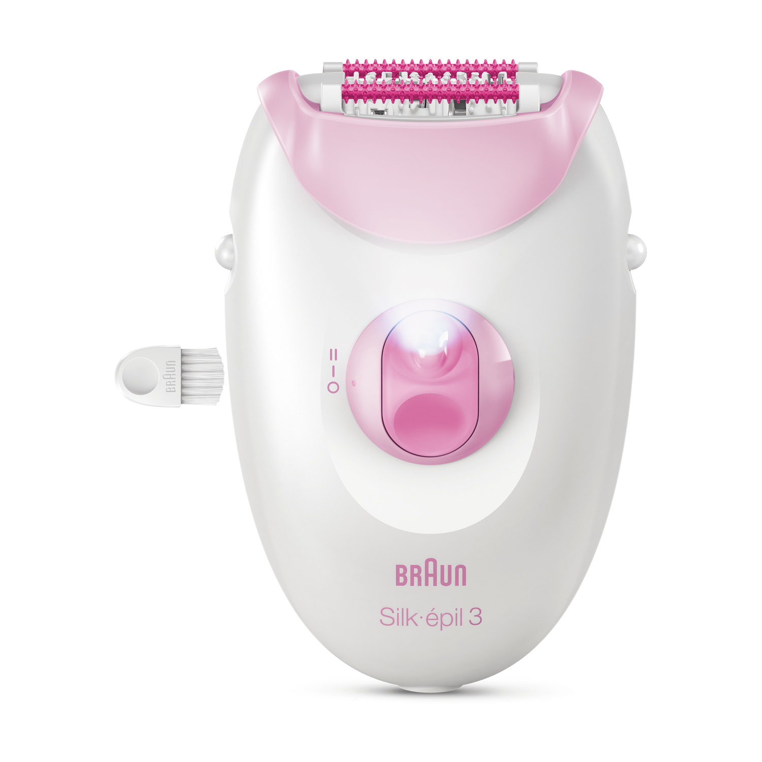 Un epilatore Braun Silk-épil 3 bianco e rosa con una piccola spazzola laterale su sfondo bianco.