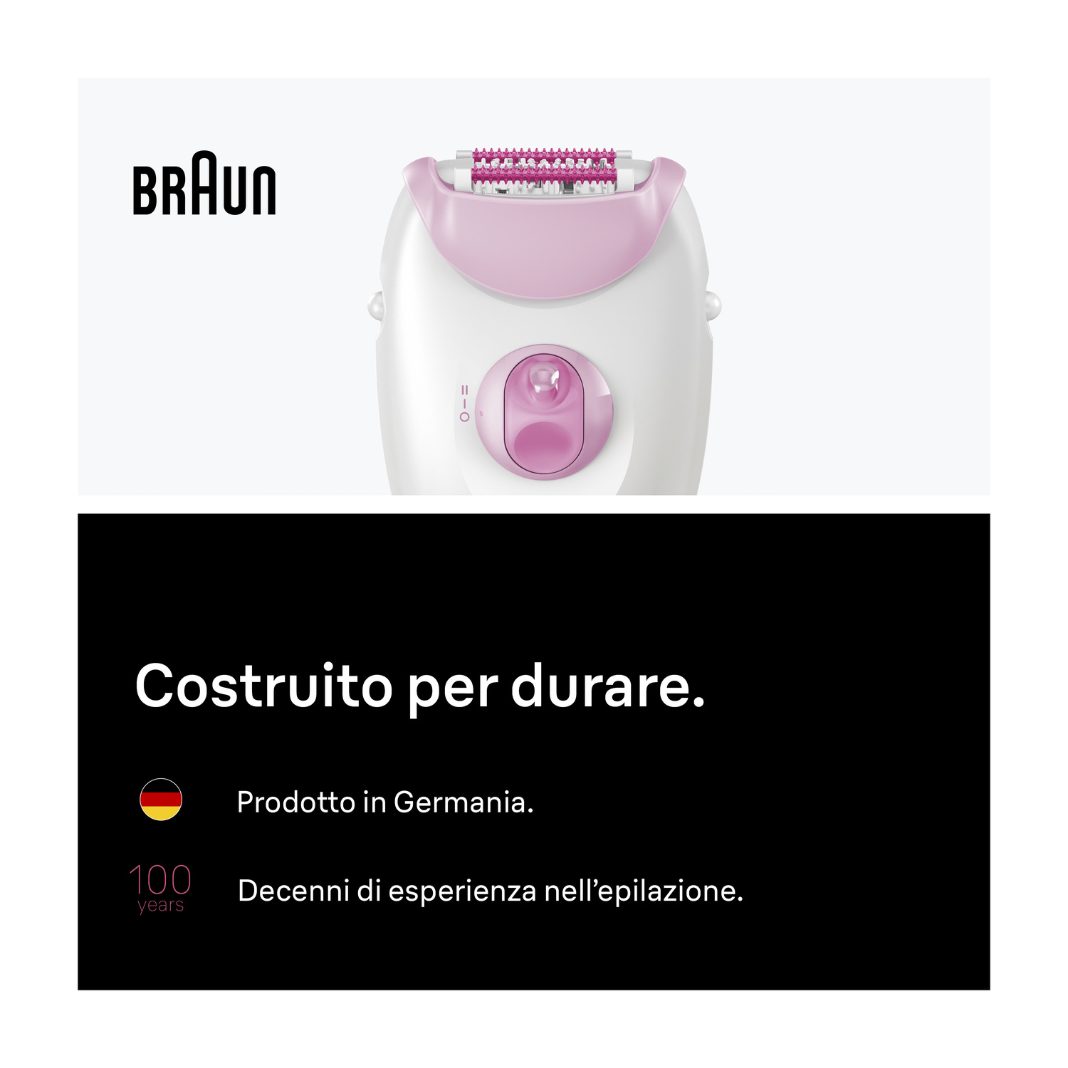 Epilatore Braun su sfondo bianco con pannello di testo nero sotto che promuove la durata.
