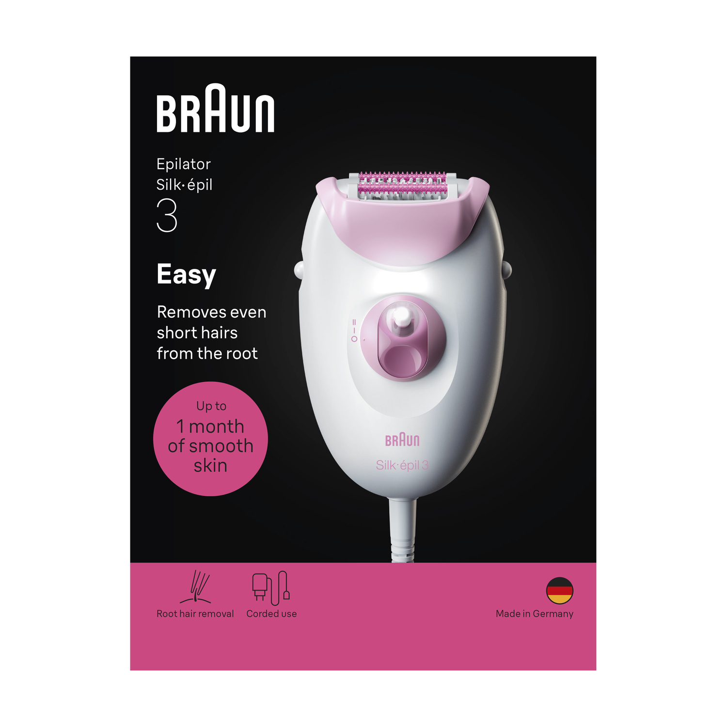Confezione di un epilatore Braun Silk-épil 3 bianco e rosa con testo e bandiera tedesca.