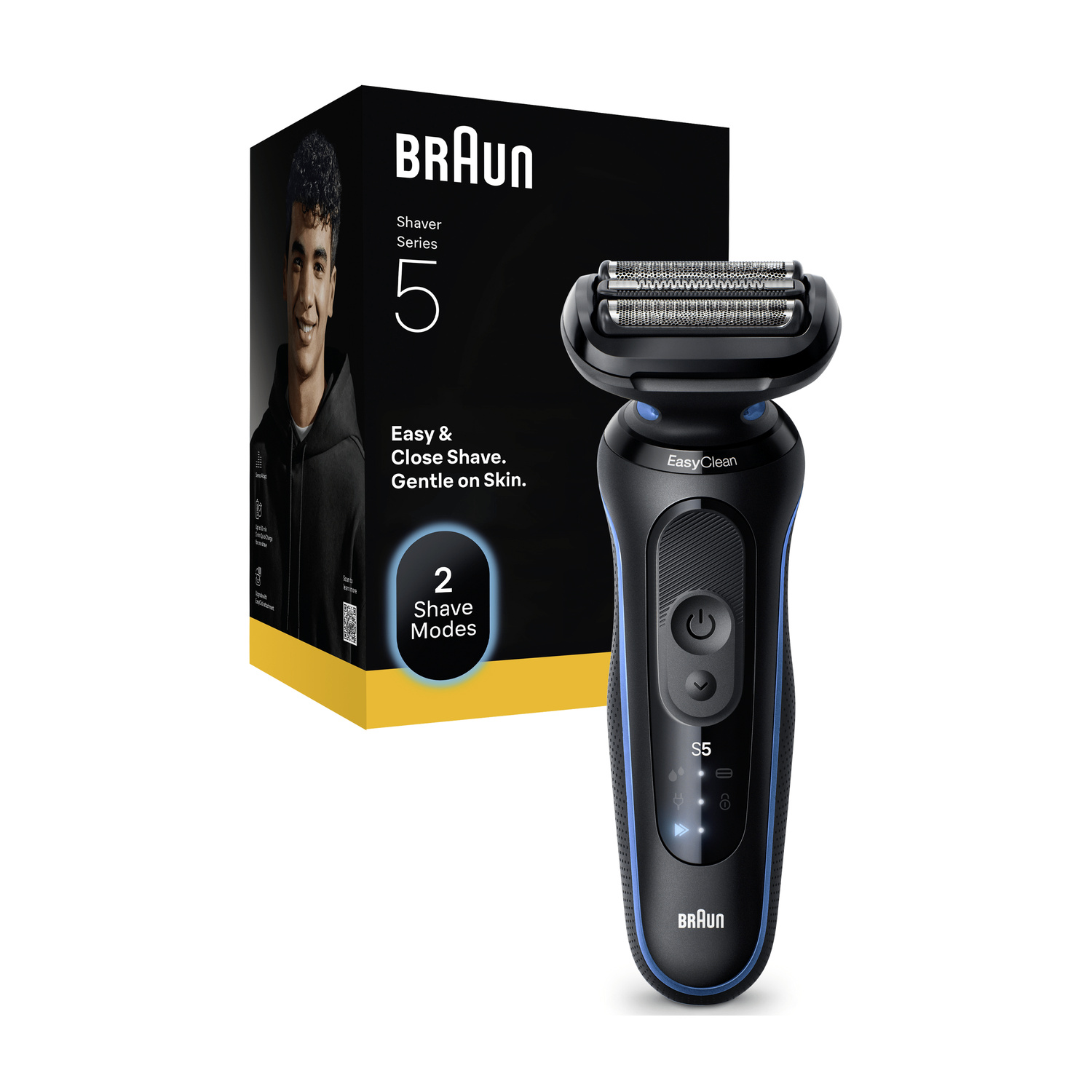 Un rasoio elettrico nero Braun Series 5 si trova davanti alla confezione del prodotto.