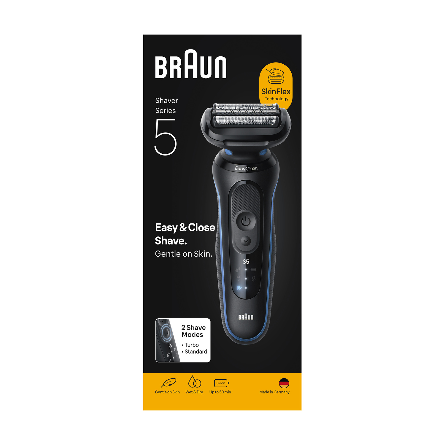 Rasoi Braun Series 5 nero, con tecnologia SkinFlex, uso su pelle asciutta e bagnata, e due modalità di rasatura sulla confezione.
