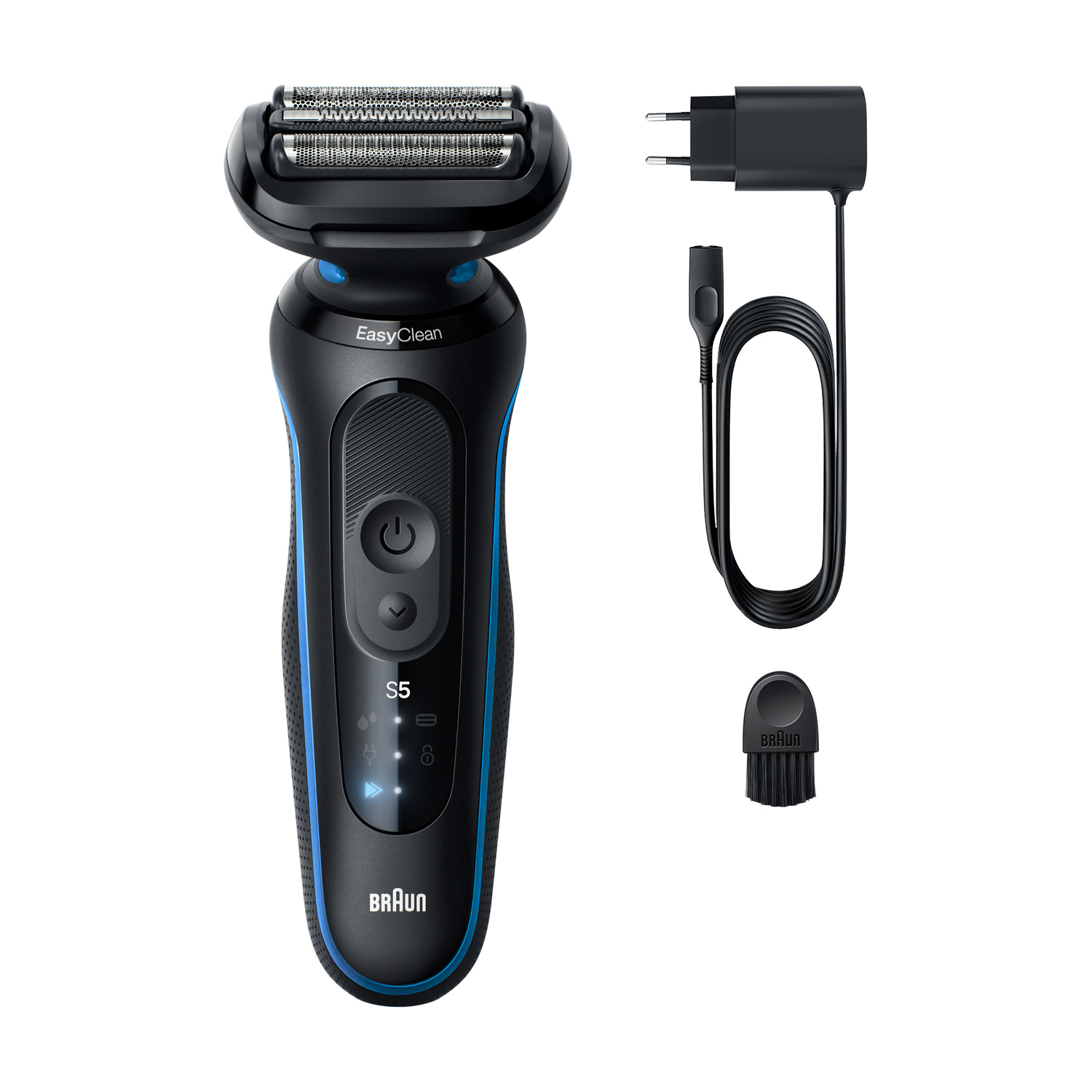 Un rasoio elettrico Braun nero con dettagli blu, un cavo di ricarica e una piccola spazzola.