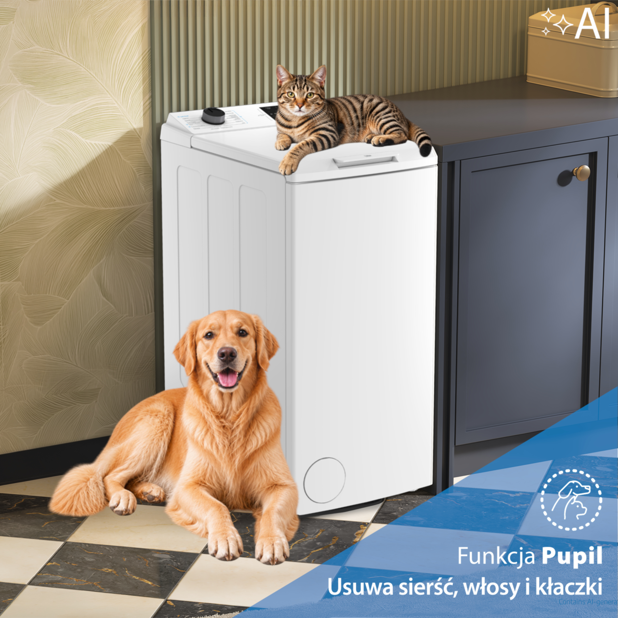 Golden retriever leży na podłodze obok białej pralki, na której spoczywa kot.