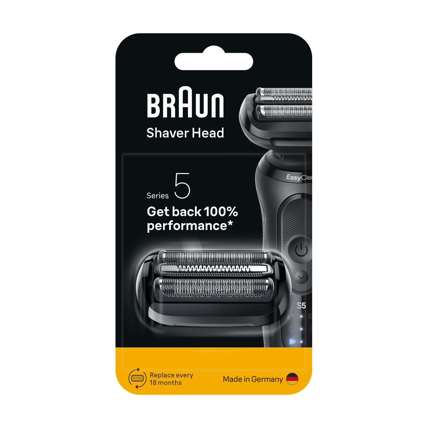 Confezione testina rasoio Braun Serie 5 con sfondo nero, sezione inferiore gialla, immagine ricambio e testo.