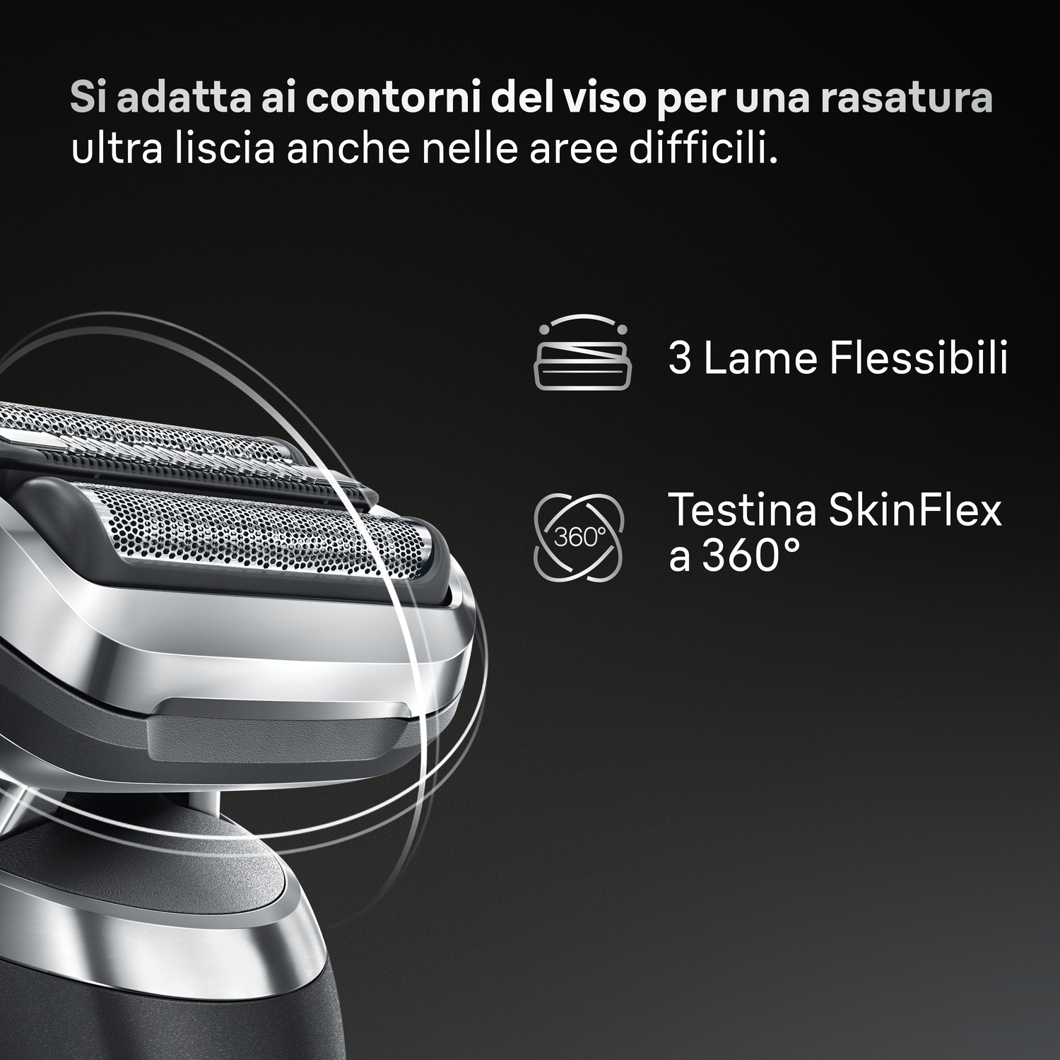 Primo piano di un rasoio con 3 lame flessibili e testina SkinFlex a 360 gradi su sfondo nero.