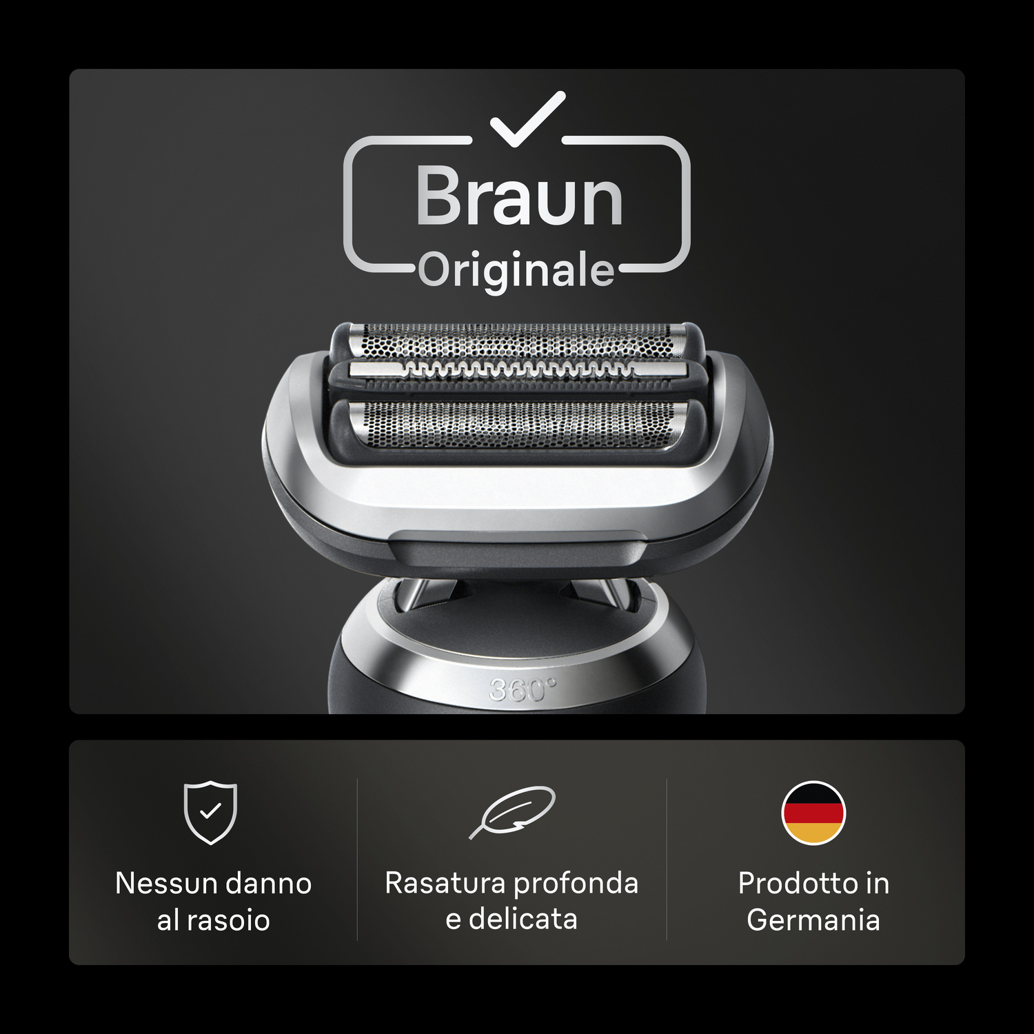 Testina del rasoio Braun su sfondo nero con tre icone per protezione, rasatura delicata e produzione tedesca.