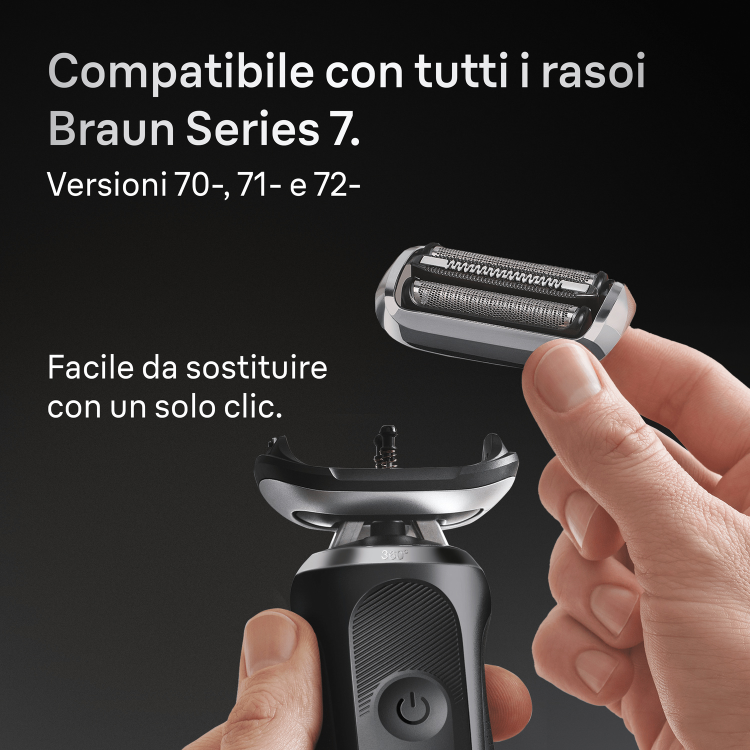 Una mano aggancia la testina a un rasoio Braun Series 7 su sfondo scuro con testo in italiano.