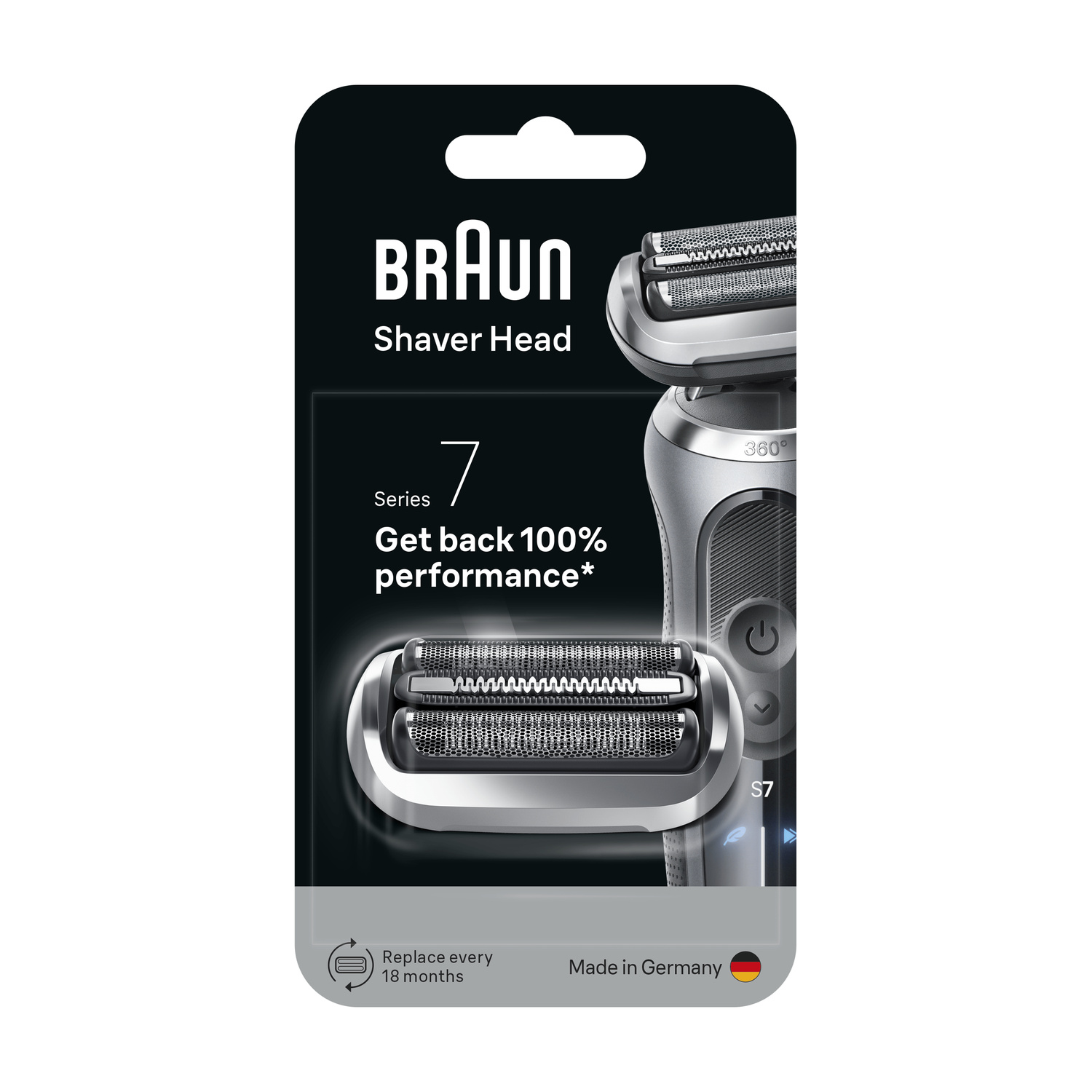 Confezione testina rasoio Braun Series 7 con testina argentata e testo sulle prestazioni.