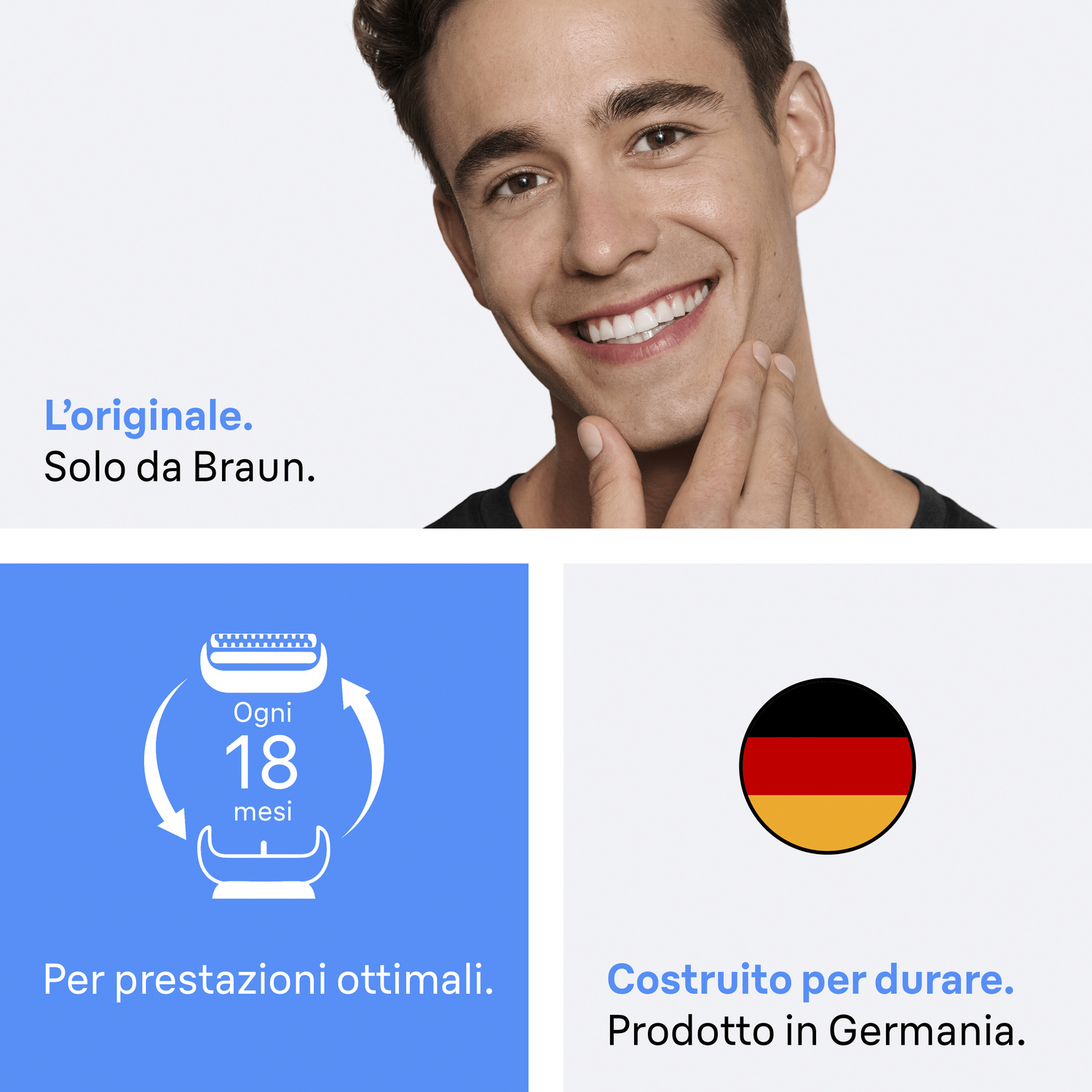 Uomo sorridente, quadrato blu con testina di rasoio e testo, e cerchio con bandiera tedesca e testo.