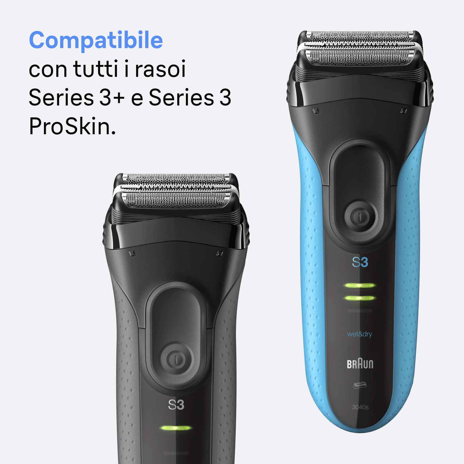Due rasoi Braun Series 3 con manico nero e blu su sfondo chiaro, con testo di compatibilità in italiano.