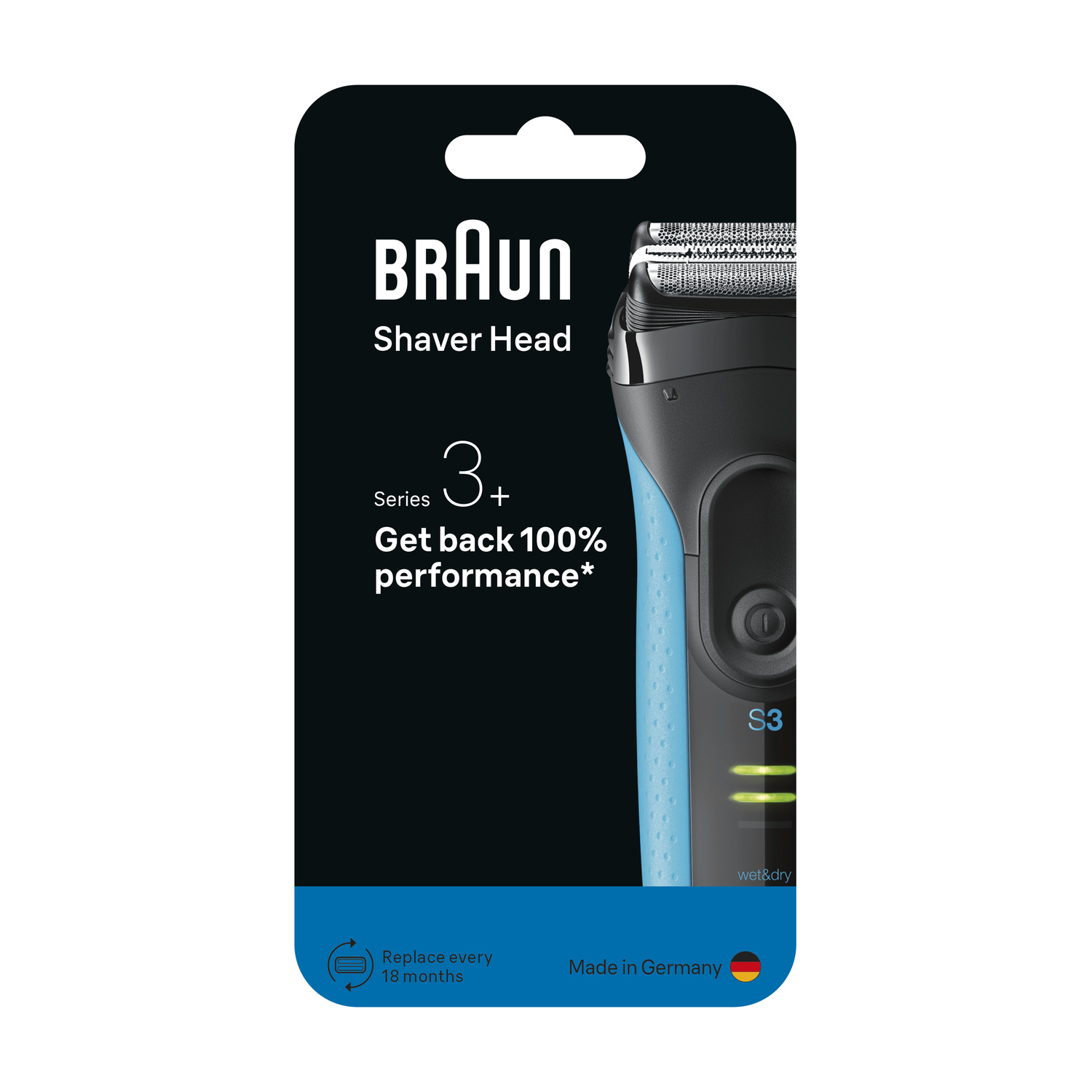 Confezione di testina per rasoio Braun Series 3 con rasoio blu su sfondo nero.
