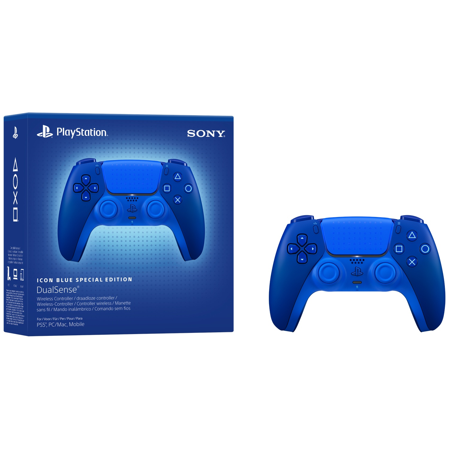 A blue Icon Blue DualSense wireless controller next to its PlayStation box.