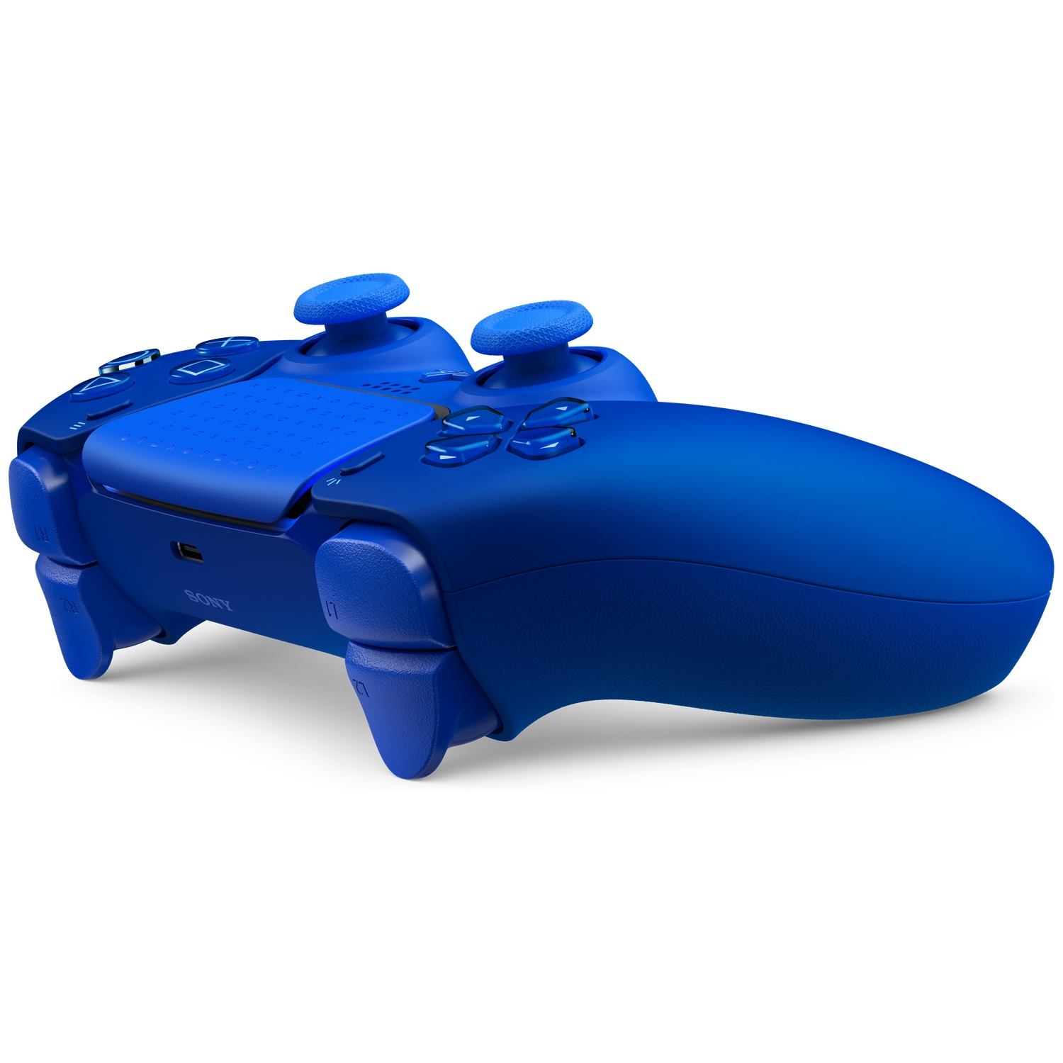 A blue wireless gaming controller on a white background, angled to show joysticks and grip.