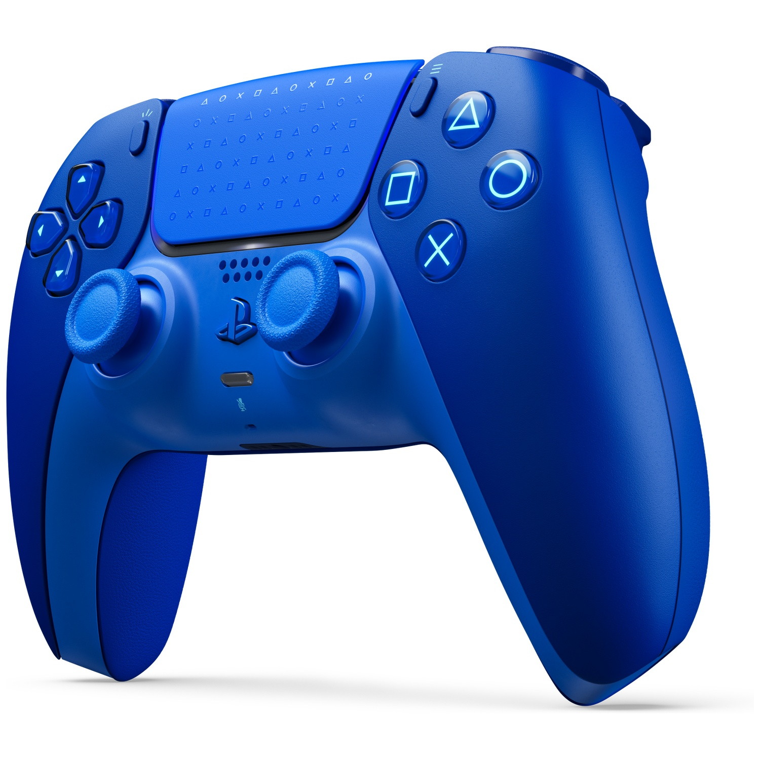 A blue PlayStation 5 DualSense wireless controller against a white background.