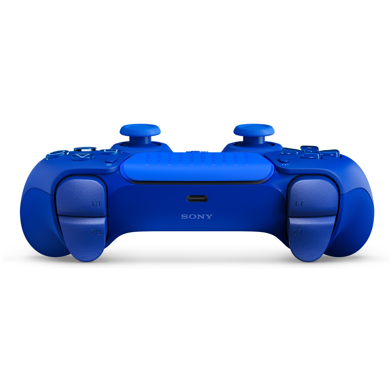A blue Sony PlayStation DualSense wireless controller, viewed from the front, isolated on a white background.