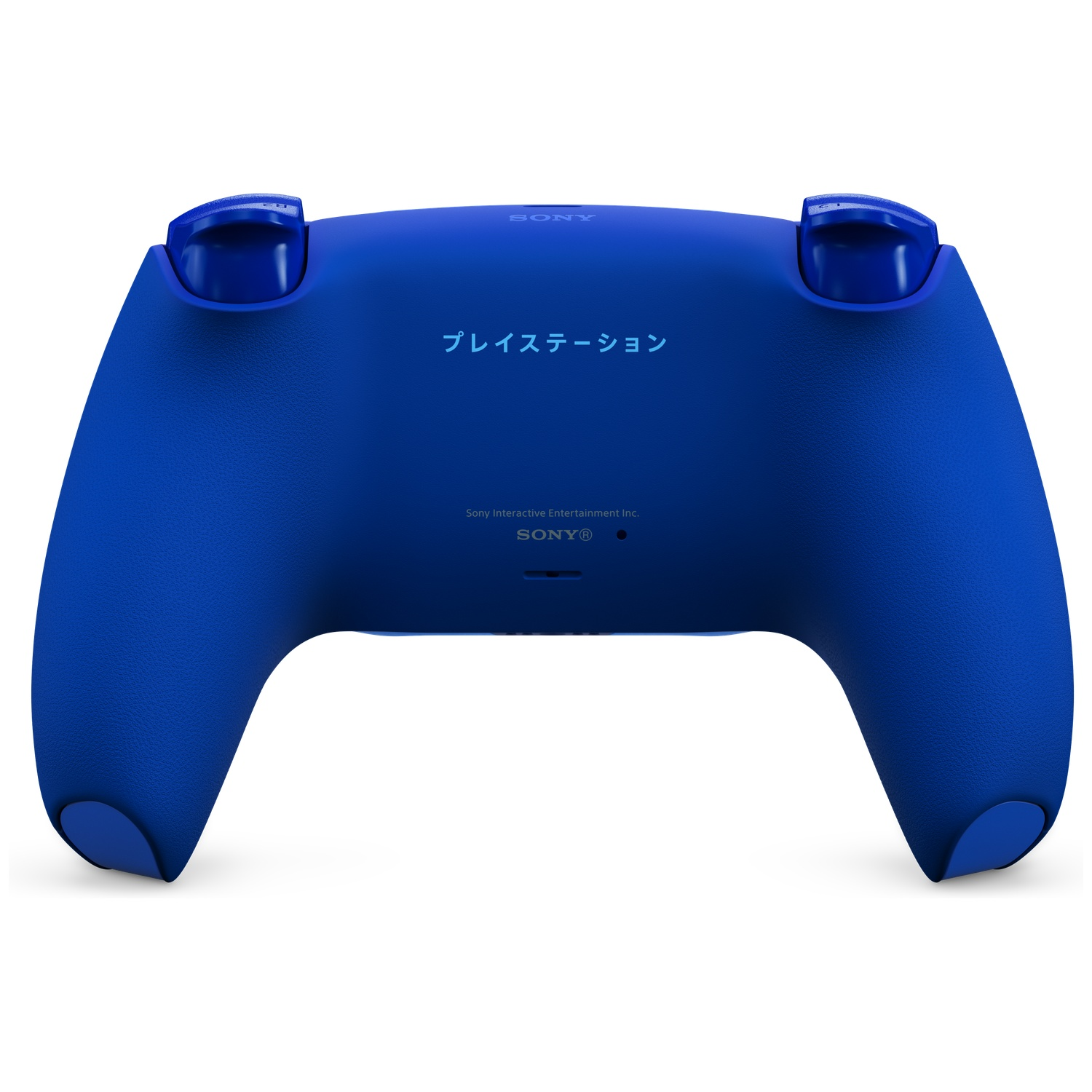 A blue PlayStation 5 DualSense wireless controller seen from the back, displaying branding and buttons.