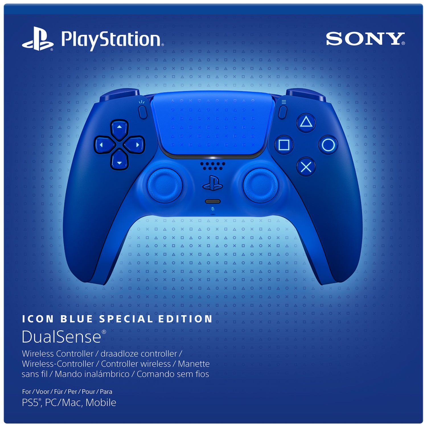 A blue PlayStation DualSense wireless controller set against a blue background featuring PlayStation symbols.