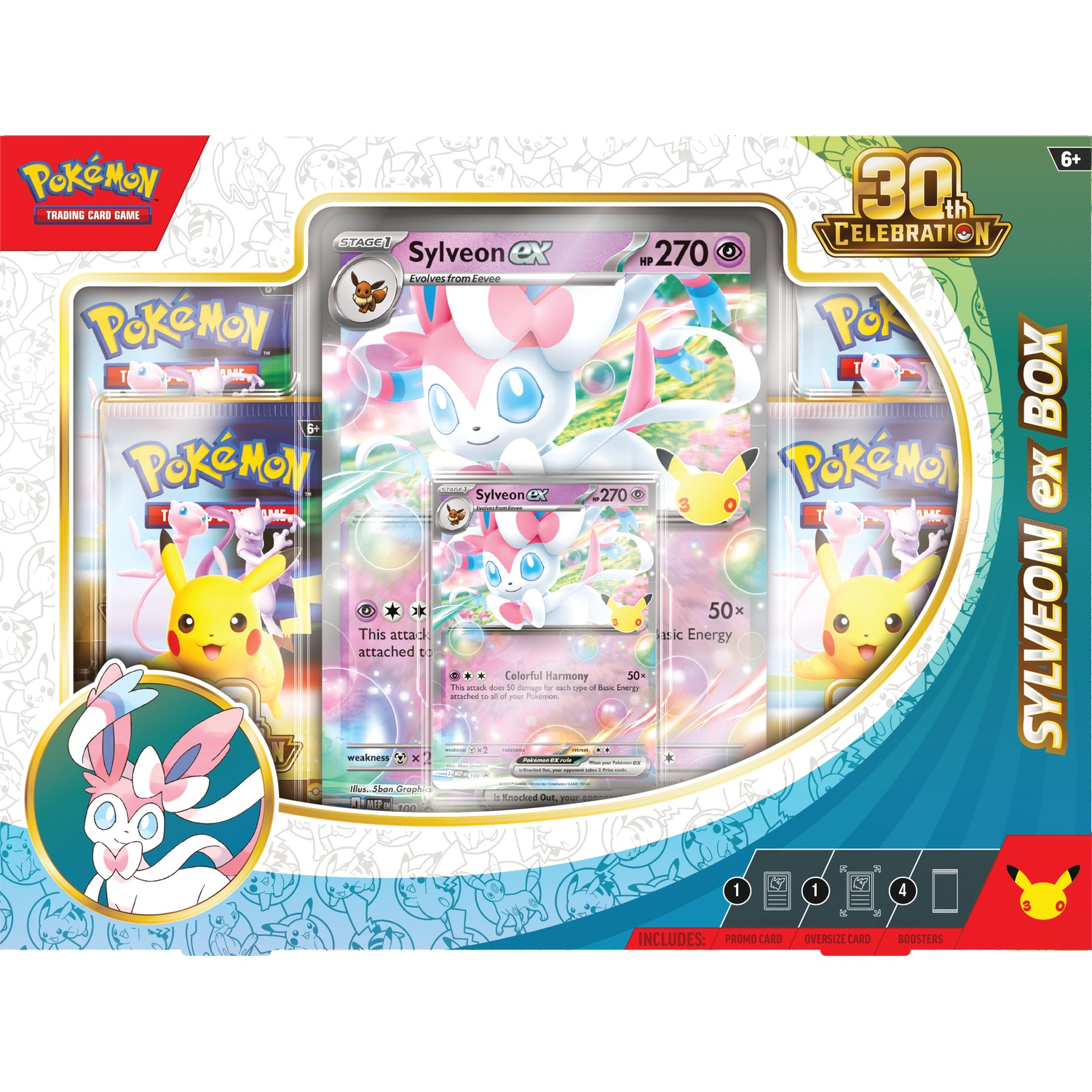Pokémon Sylveon ex Box met grote kaart, standaardkaart en boosterpacks.