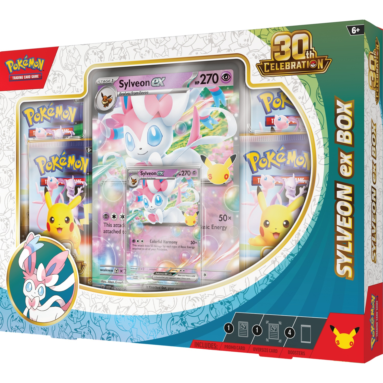 Pokemon Sylveon ex Box met grote kaart, promokaart en boosterpacks in kleurrijke verpakking.
