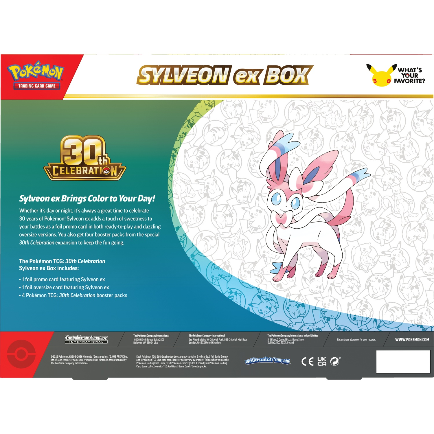 Pokemon Sylveon ex doos met Sylveon-illustratie, 30-jarig jubileumlogo en beschrijvende tekst op de achterkant.
