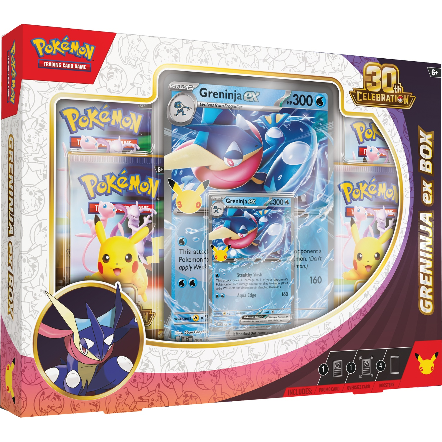 Pokémon Greninja ex-doos met jumbo-kaart, standaardkaart en boosterpacks in een kleurrijke verpakking.