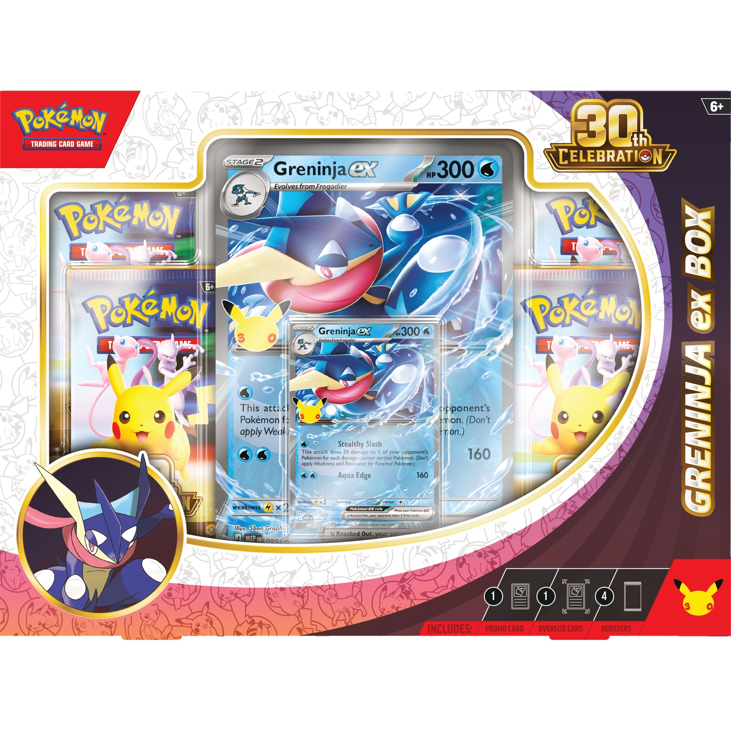 Pokémon Greninja ex Box met grote kaart, promokaart en boosterpakketjes.