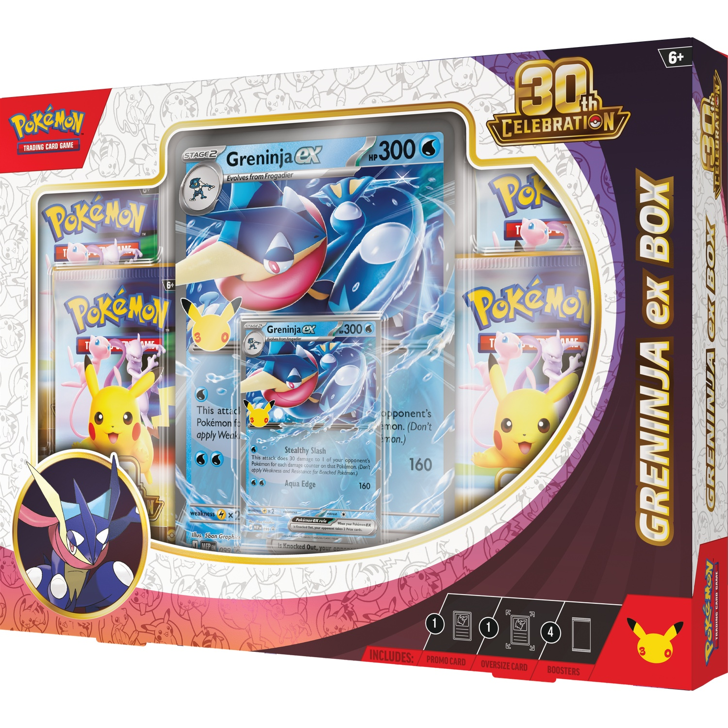 Pokémon Greninja ex doos met extra grote en normale kaarten, plus boosters in kleurrijke verpakking.