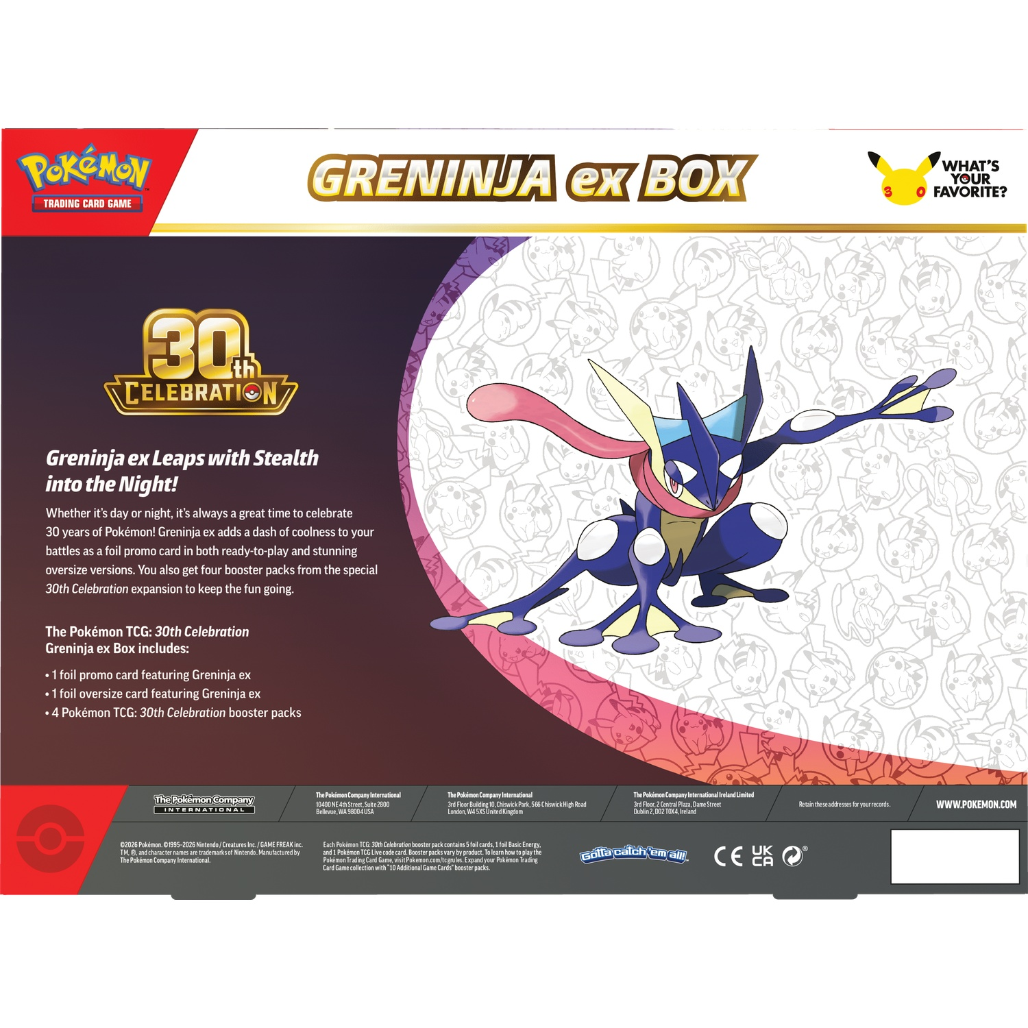 Achterkant van de Pokémon TCG Greninja ex doos met tekst, 30-jarig jubileumlogo en illustratie.