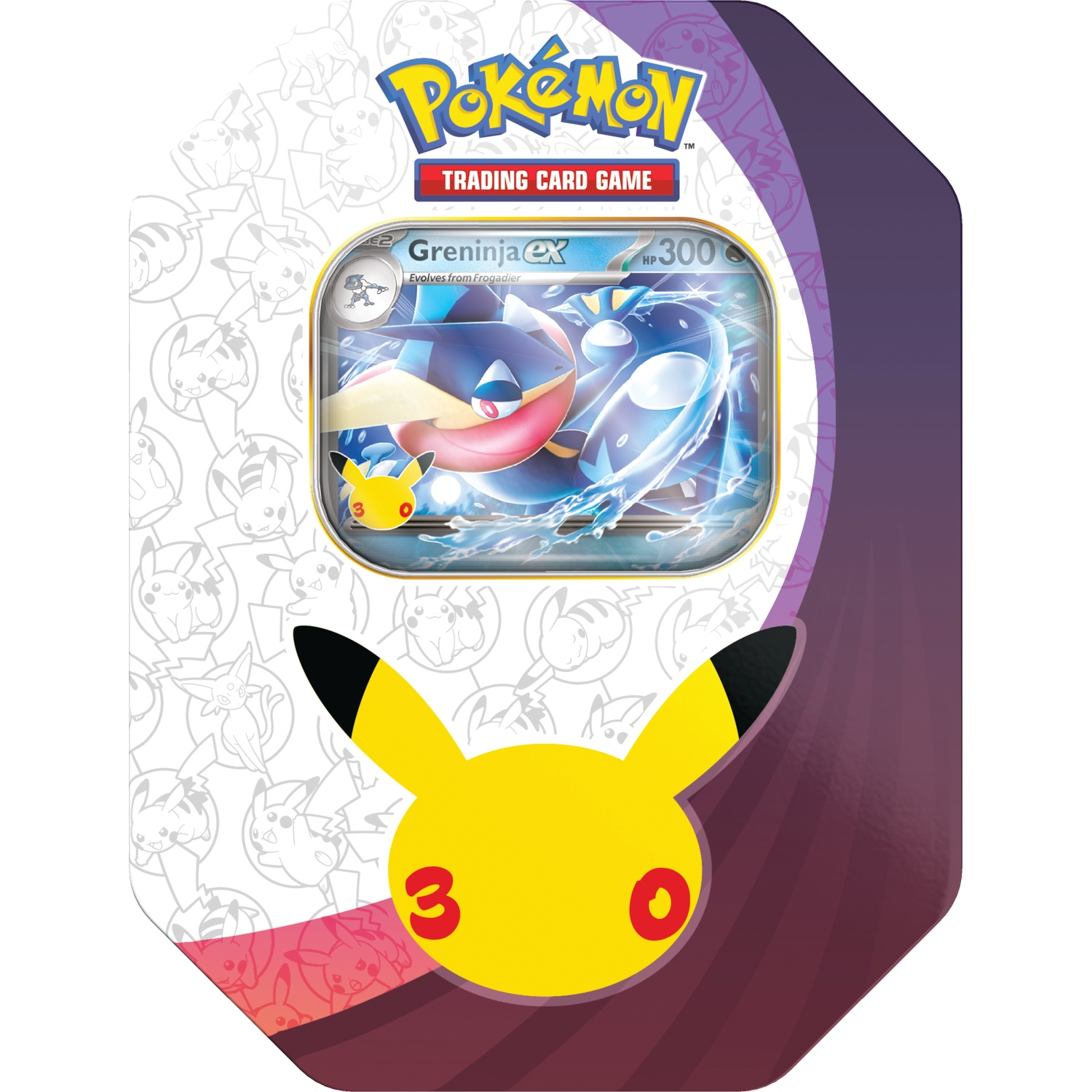 Pokémon Trading Card Game Greninja ex blikken doos met Pikachu ontwerp en witte achtergrond.