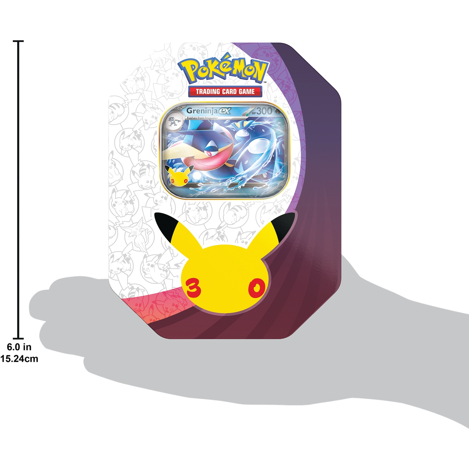 Pokémon Greninja EX ruilkaartblik in een grijze hand, afmeting 6,0 inch.