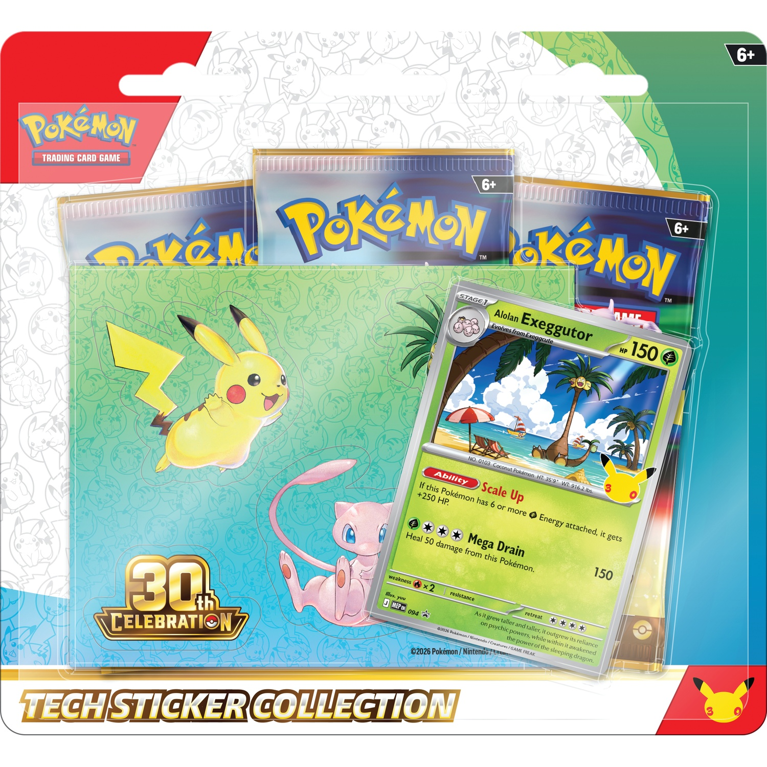 Pokémon 30th Celebration Tech Sticker Collection met boosterpakketjes, Pikachu, Mew en een Alolan Exeggutor kaart.