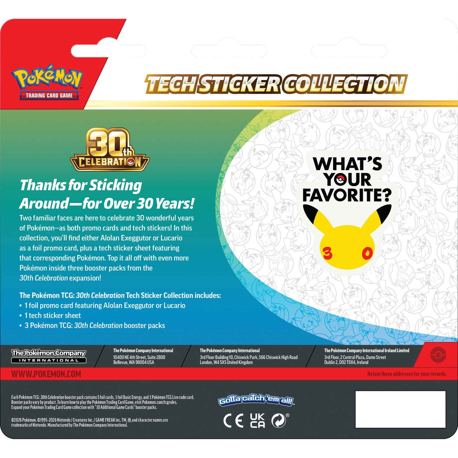 Achterkant van de Pokemon 30th Celebration Tech Sticker Collection verpakking met Pikachu-illustratie en details.