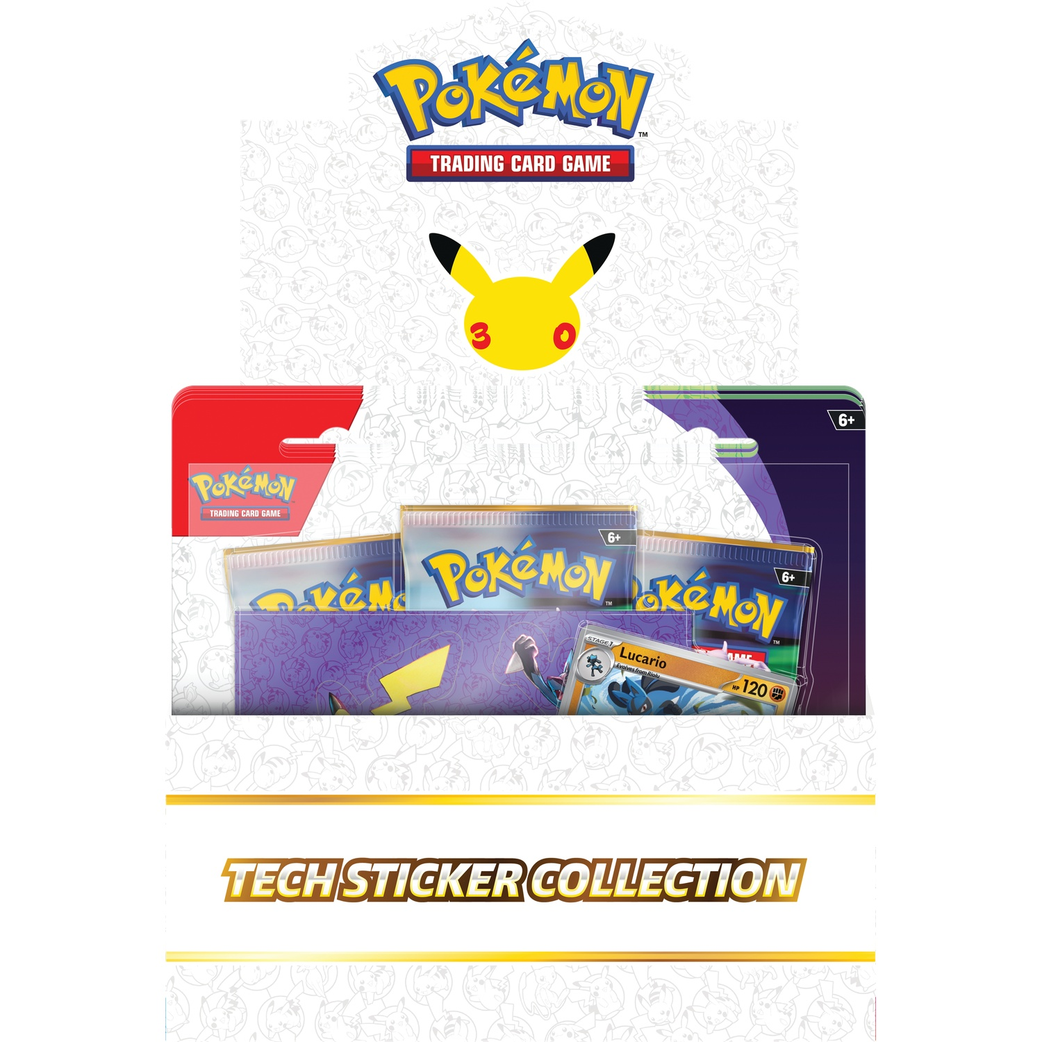 Pokémon Tech Sticker Collection doos met drie boosterpacks en een Lucario promo kaart.