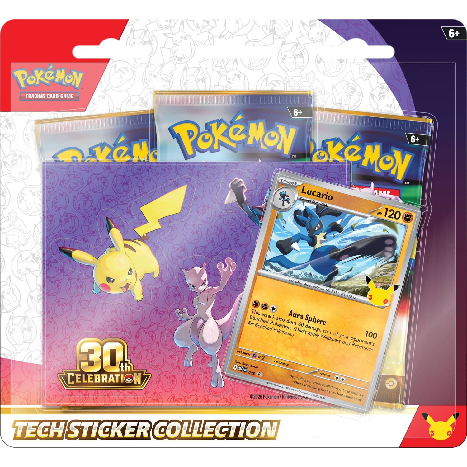 Pokémon 30th Celebration Tech stickercollectie met Pikachu, Mewtwo, Lucario-kaart en drie boosterpacks.